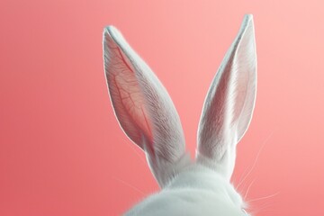 A single, majestic white rabbit ear, with visible soft fur, against a pastel ivory background. The image is illuminated with a soft, even, natural light. white rabbit on pink background