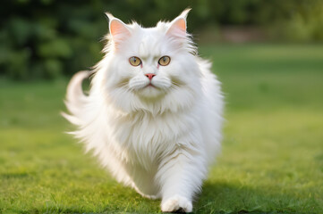 Fluffy white cat with white fur walks on the lawn