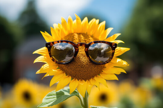 A sunflower wearing sunglasses, providing a funny visual pun on sun protection. Concept of visual puns. Generative Ai.