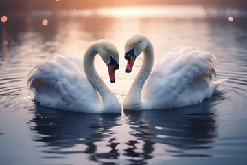 Foto op Plexiglas Two swans forming a heart shape with their necks on a tranquil lake, symbolizing love and serenity. Concept of romantic love. Generative Ai. © Sebastian