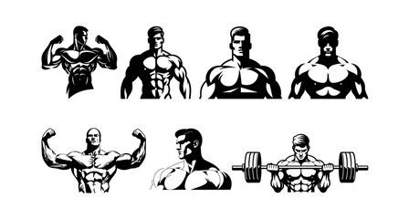 Muscle Bodybuilding Logo great set collection clip art Silhouette , Black vector illustration on white background V2 . - obrazy, fototapety, plakaty