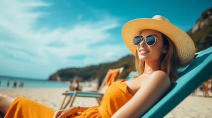 Beautiful girl wearing sunglasses in a beach chair. Happy young woman resting on the beach on a summer day. Lady with a straw hat sunbathing in a deck chair on a tropical beach by the sea.