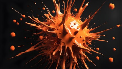 Pinhead close-up on a black background explosion of orange paint. Generative AI. - obrazy, fototapety, plakaty