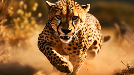 Obraz premium Cheetah running in the savannah in Kruger National Park, South Africa. Species Panthera pardus family of Felidae