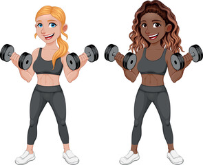 Couple of girls lifting weights. Vector isolated characters with transparent background
