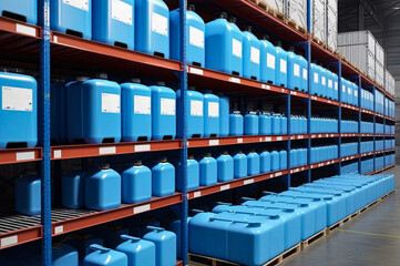 Rows liquid blue containers on racks in industrial warehouse storage of chemical liquids. Backdrop of storage cans in warehouse. Concept of industry warehousing and stored of goods. Copy ad text space