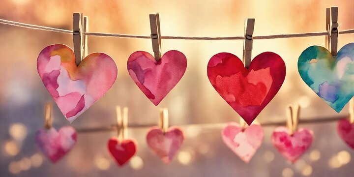 Hearts on clothespins. Generative AI