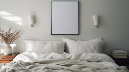  black picture frame mockup on sage green wall. Elegant bedroom view.Scandinavian interior. modern interior