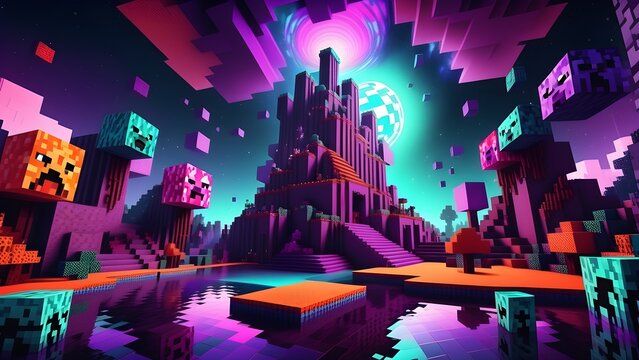 Psychedelic blocky cube textured world live wallpaper. Generative AI.