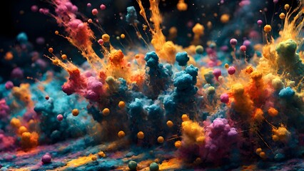 Explosion of paint on the dark background colorful particles. Generative AI.