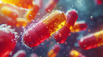 Microscopic View of Bacteria and Antibiotics, close-up of bacteria and antibiotics interacting in a...