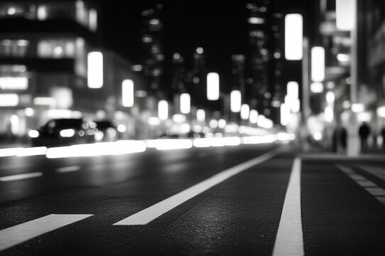 Black and white background of night street with bokeh blurred light cars and street lamps. Abstract backdrop of defocused lights at city life. Concept of cityscape backgrounds for design. Copy space
