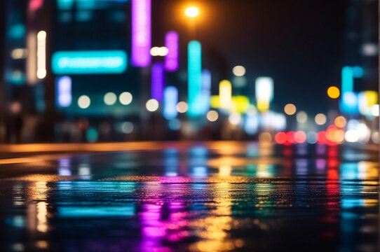 Colorful background of night street with bokeh blurred light cars and street lamps. Abstract backdrop of defocused lights at city life. Concept of cityscape backgrounds for design. Copy text space