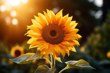 Naklejka premium A vibrant sunflower turning towards the sun, symbolizing optimism and positivity. Concept of optimism. Generative Ai.