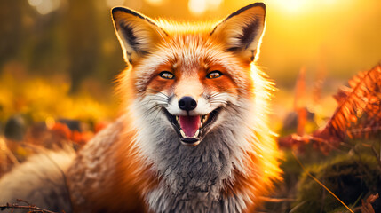 Fototapeta premium Red fox in the autumn forest. Close up portrait of a wild animal. AI Generated