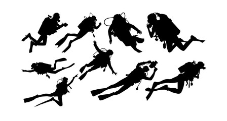 Scuba diving silhouette, diver, great set collection clip art Silhouette , Black vector illustration on white background. - obrazy, fototapety, plakaty