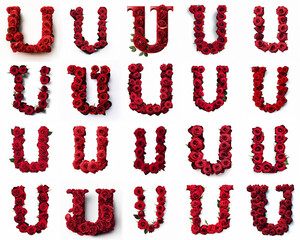 Group of various U shaped letters made from red rose flowers isolated on white background. Generative ai. Romantic blooming font theme.