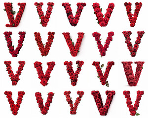 Group of various V shaped letters made from red rose flowers isolated on white background. Generative ai. Romantic blooming font theme.