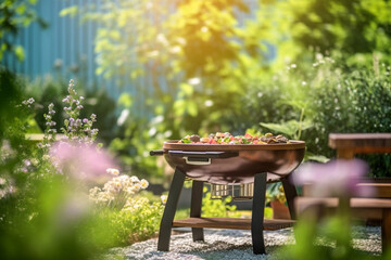 Summertime in backyard with grill BBQ and blurred background - 721201318