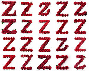 Group of various Z shaped letters made from red rose flowers isolated on white background. Generative ai. Romantic blooming font theme.