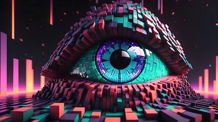 Minecraft inspired eye with psychedelic abstract design. Generative AI.