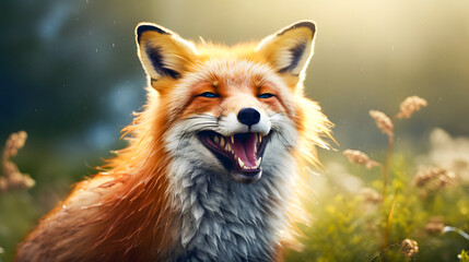 Fototapeta premium Red fox in the autumn forest. Close up portrait of a wild animal. AI Generated