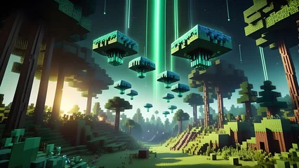 Psychedelic blocky cubes live wallpaper free space. Blocky cubes style alien invasion. Generative AI. 