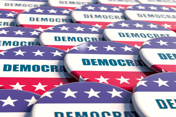 Democrats badges for US election. Politics, campaign buttons, presidential election, democratic party, politics and elections. 3D illustration.