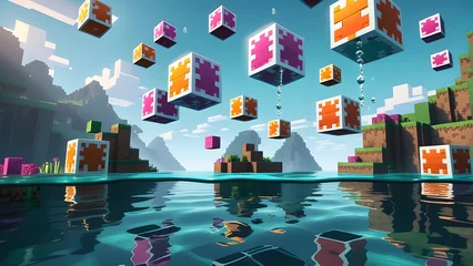 Blocky cubes themed psychedelic live wallpaper featuring levitating blocks above water. Generative AI.