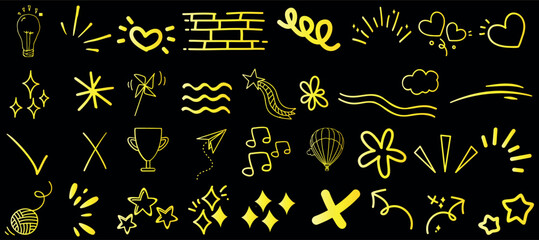 Doodle elements, yellow on black, hearts, stars, arrows. Creative vector for web design, marketing, graphic art. Unique hand-drawn style with various shapes and icons