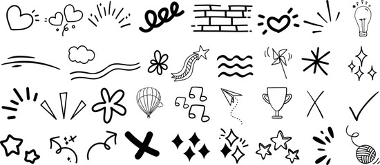 Doodle art vector illustration, hearts, stars, flowers, waves, creative expression, modern aesthetic, background design, adult coloring books, black and white, hand-drawn sketch, abstract shapes