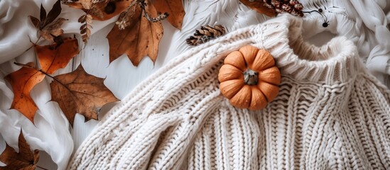 Autumn-themed flat lay with cozy sweater, pumpkin, and dried leaves representing fall's slow living.