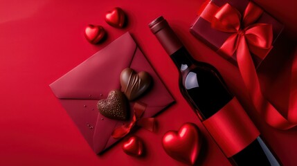 Fototapeta na wymiar Bottle of wine, chocolate candies on red background. Valentine's Day celebration