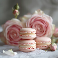 Obraz na płótnie Canvas Professional photography of macaroons with roses in the background, pink aesthetic