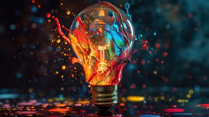 Creative light bulb explodes with colorful paint splashes and shards of glass on a black background. Think differently creative idea concept. Dry paint splatter. Brainstorm and think