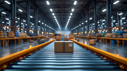 Professional warehouse photography of a box in a logistics setting on a conveyor. - obrazy, fototapety, plakaty