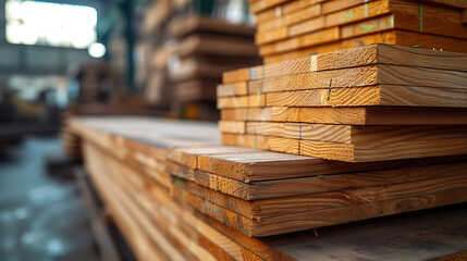 Stacks of wood in a clean warehouse environment.