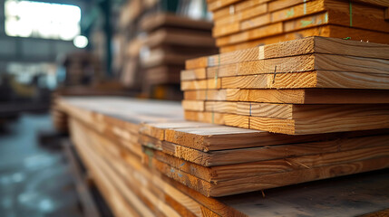 Fototapeta premium Stacks of wood in a clean warehouse environment.