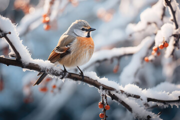 Bird sitting on a snowy branch on a cold winter day