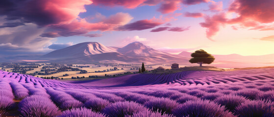 Lavender flower blooming field at sunset. Horizontal banner
