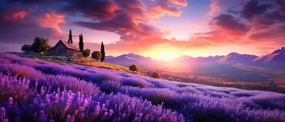 Poster Lavender flower blooming field at sunset. Horizontal banner © Michael