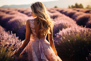 woman in a fluffy dress walks into a lavender field