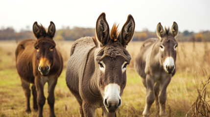 Obraz na płótnie Canvas Brown donkeys standing on grass