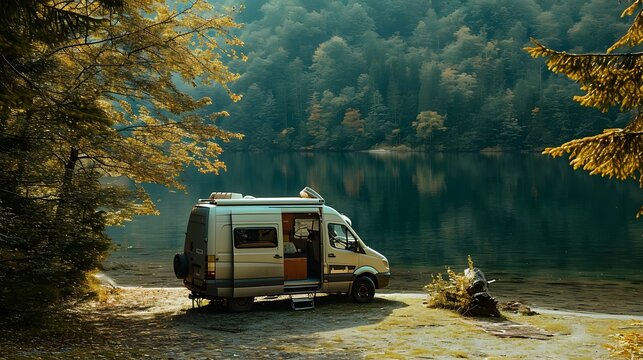 truck on the road, captivating image of a camper van parked by a lake, symbolizing the freedom of road trips and outdoor adventures