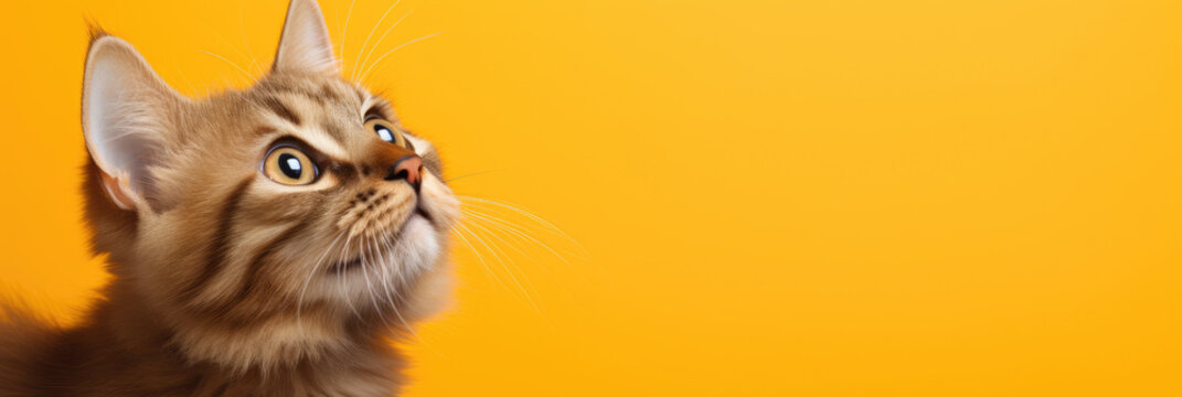 cat looks up with interest at something on a yellow background. Horizontal banner. Copy space for text