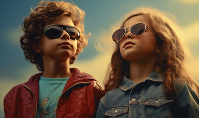 Cool teenagers with sunglasses and trendy clothes, boy and girl, generated by AI