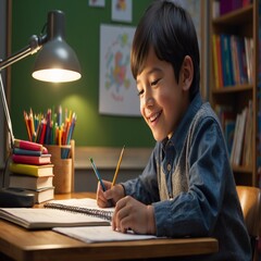 Create a heartwarming scene of a smiling child engrossed in their studies. Portray the child sitting at a desk, surrounded by books, notebooks, and stationery. Show their joyful expression as they eng