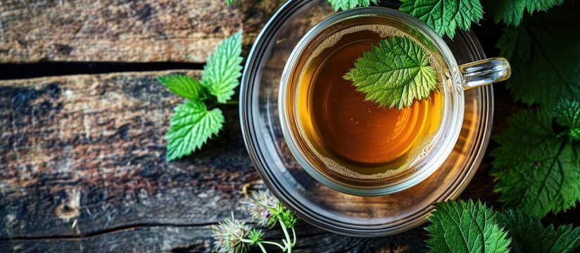 Top view of a cup of herbal tea with fresh stinging nettle leaf on a table.