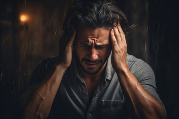 man with headache and migraine holds his head