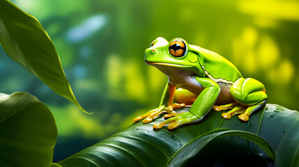 Frog sitting on a branch in the rainforest. Wildlife scene from nature. 3D rendering
